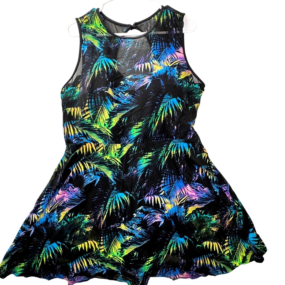 Torrid 2 Swim Dress Women DD/F Black Mesh Palm Print Tropical Swimsuit 1 piece